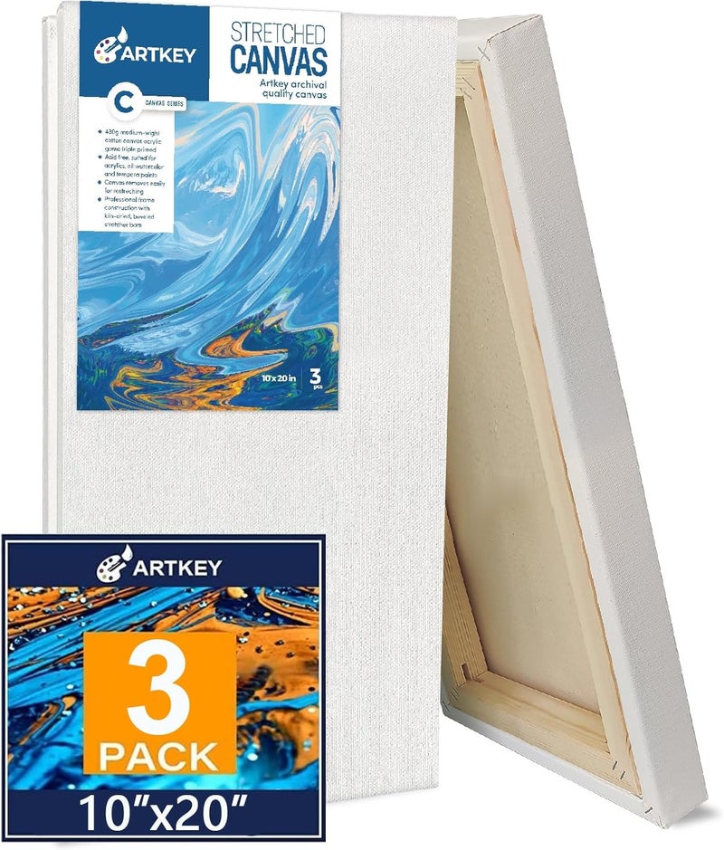 Artkey Gallery Wrapped Stretched Canvases for Painting 10x20 Inch 3-Pack, 16 oz Triple Primed Acid-Free 100% Cotton Blank Canvas, Rectangular Spline Canvas for Oil Paint Acrylics Pouring & Wet Art Media - Image 1